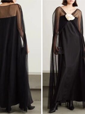 BERNADETTE Delphine Floral Appliqué Silk Crepe Sheer Cape Black Maxi Dress Sz 10